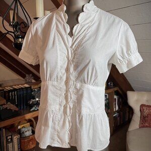 Isaac Mizrahi | Button-Front Blouse with Embroidered Scalloped Edge